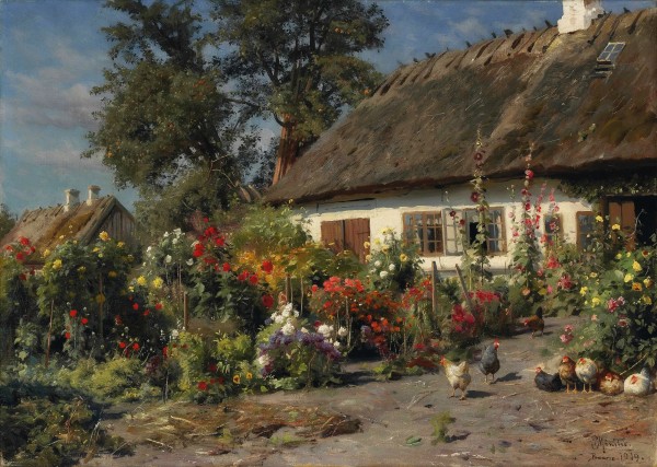 A cottage garden with chickens by Peter Mork Monsted